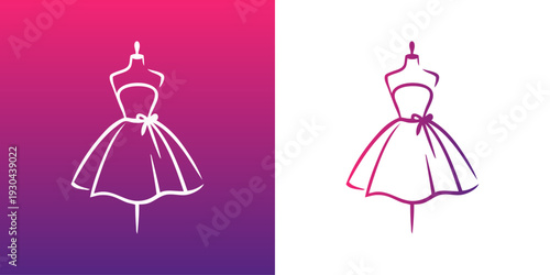 Logotipo de boutique de moda femenina. Dibujo sencillo con líneas de un vestido femenino en un maniquí de costura 
