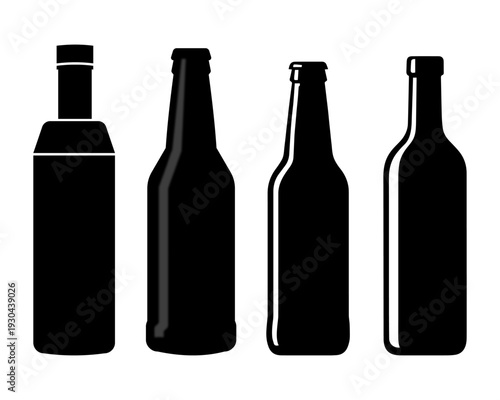 Black Bottle Silhouette Vector Set, Minimal Glass Beverage Container Icons Collection, Modern Drink Bottle Shapes for Packaging, Branding, Logo Design, Craft Projects, Stickers, Print and Digital Use