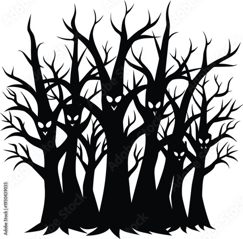 Spooky bare trees with ghostly faces on a transparent background