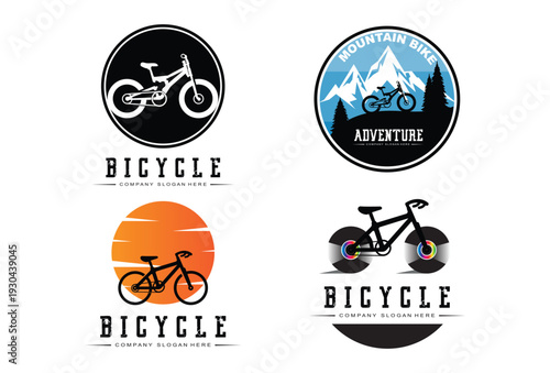 Bicycle logos with mountain, sunset and wheel designs for cycling or adventure sports