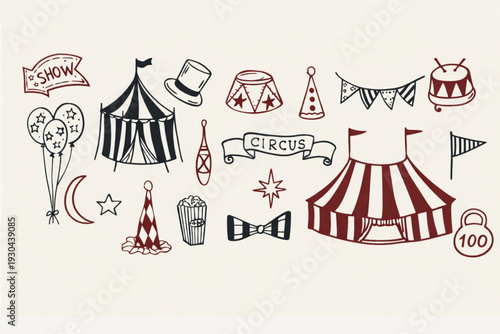 A collection of hand drawn circus elements including tents balloons and festive decorations
