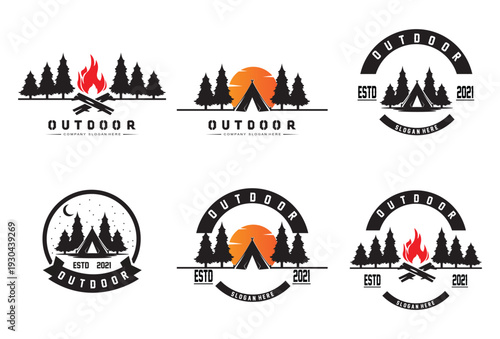 Outdoor adventure logo collection with campfires tents and pine trees