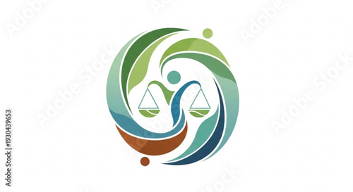 Balanced scales within swirling green blue and brown abstract design symbolizing justice and harmony