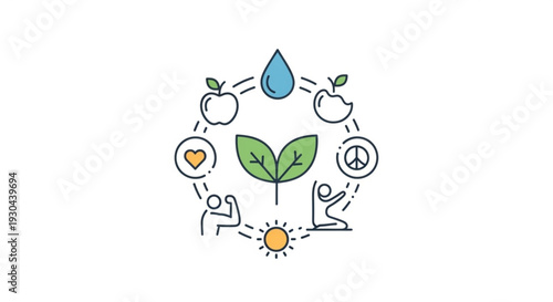 Eco friendly lifestyle concept with green leaves water drop apples and human silhouettes in a circle symbolizing harmony with nature and healthy living