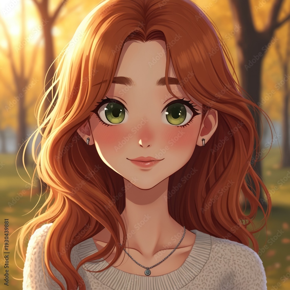 Obraz premium Young girl with long wavy auburn hair and green eyes smiles gently. She wears a grey sweater and silver necklace. Autumn park background with soft golden sunlight.