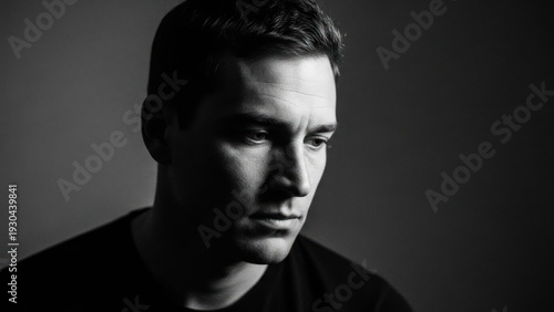Black and white portrait of a man with short hair looking down, lit dramatically