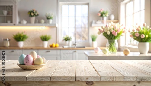 Bright Kitchen Scene Featuring Easter Eggs on a Wooden Table