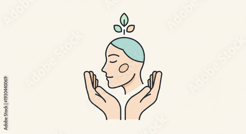 Woman with hands up face closed green hair and leaves on head minimalistic illustration eco friendly wellness concept nature spirituality growth harmony balance calmness serenity