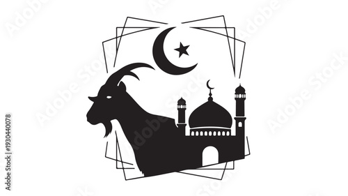 Eid al-Adha goat silhouette with mosque and crescent moon in minimalist black and white design for islamic greeting card