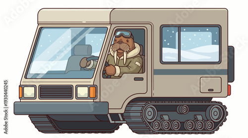 Cartoon illustration of a walrus driving an all-terrain vehicle in a snowy landscape
