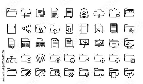 Files and folders bold stroke line icon set for archive, documents, and attachments