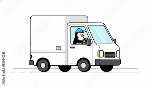 Charming cartoon penguin character, wearing a blue cap, driving a white delivery truck with a determined expression, symbolizing quick and reliable service and efficient logistics