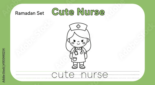 Cute Nurse Coloring Page for Kids, Ramadan Set, Vector Illustration