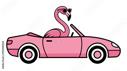 Charming pink flamingo in stylish sunglasses cruising in a vibrant convertible car, embodying a playful summer vacation, fun travel, and whimsical road trip adventure graphic