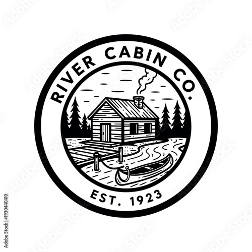 MobileVintage River Cabin Badge Logo Vector, Hipster Outdoor House near River Symbol, Classic Engraving Style Illustration, Minimalist Rustic Adventure Emblem Isolated on White Background