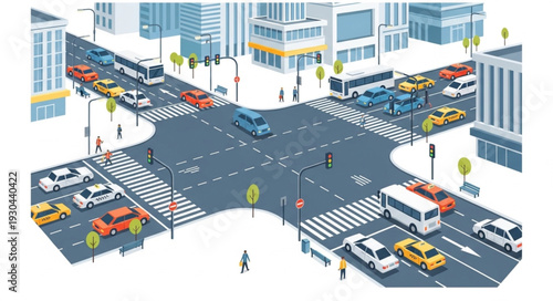 City Intersection with Cars and Pedestrians.
