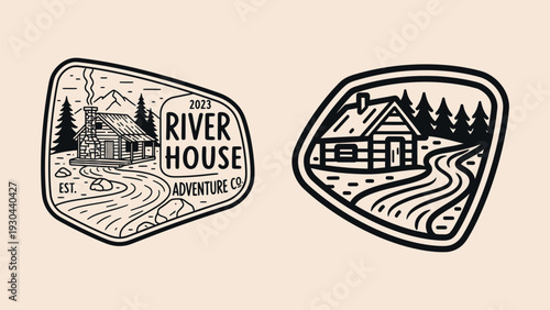 River House Hipster Vintage Logo Vector Icon Illustration, Cozy Riverside Cabin Emblem with Flowing River, Retro Badge Style Hand-Drawn Line Art Isolated on White Background