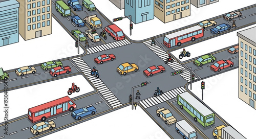 City Intersection with Traffic and Pedestrians.