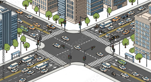 City Intersection with Traffic and Pedestrians.