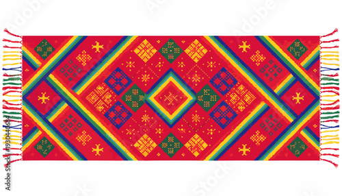 Traditional Lao Tribal Embroidery Pattern, Intricate Geometric Cross-Stitch on Magenta Textile