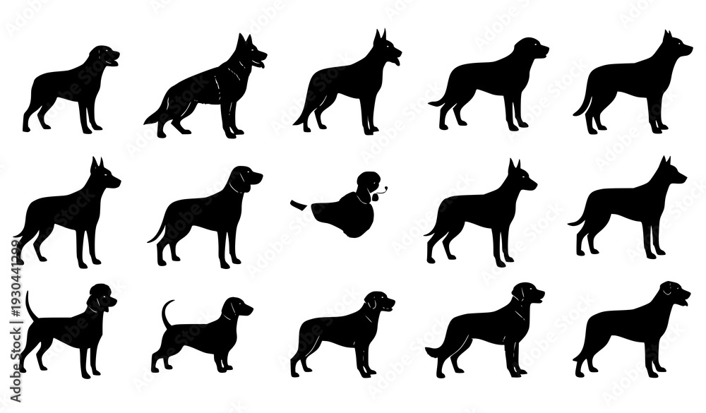 Obraz premium Standing dog silhouettes vector set isolated on white background