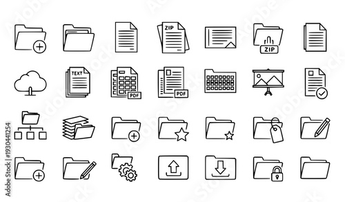 Modern bold line vector icons of files, folders, archives, and attachments