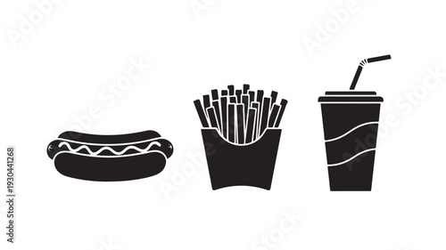 Black Hot Dog, French Fries, and Soda Cup Icons Isolated on White Background