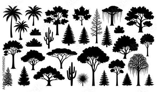 Large collection of black tree silhouettes from tropical, temperate and boreal zones