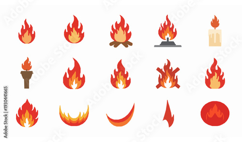 Fire flames flat vector icon set with blaze, campfire, candle and gas flame symbols