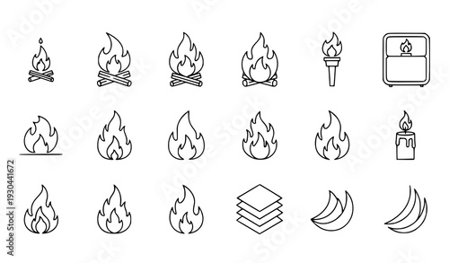 Editable stroke line icons of fire flames, blaze and heat symbols