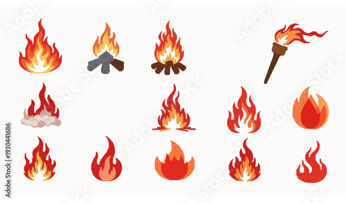 Realistic fire flame vector icon collection with blaze, campfire and gas symbols