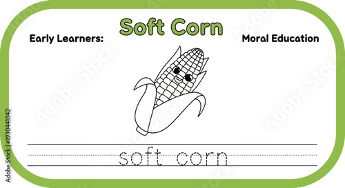 Cute Soft Corn Character Learning to Write "Soft Corn" - Educational Kids Activity