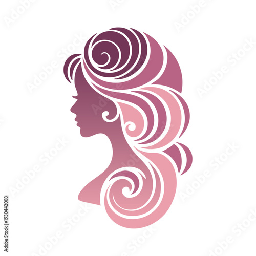 Logotipo de salón de belleza. Dibujo de silueta de cara de mujer de perfil con peinado con ondas	