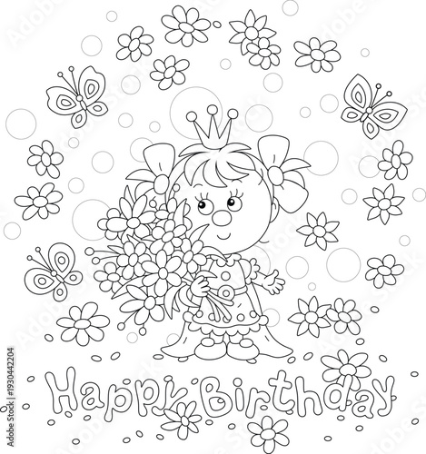 Happy birthday card with a little princess holding a bouquet of beautiful summer flowers and small butterflies fluttering around, v black and white outline vector cartoon illustration for a coloring b