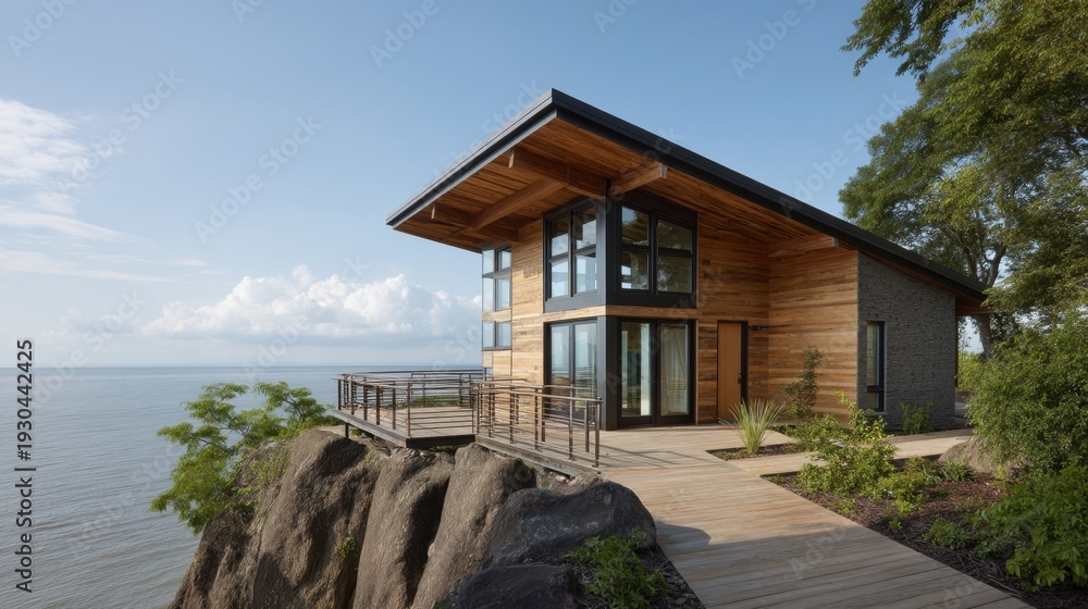 Fototapeta premium Stunning Modern House Overlooking Calm Water with Stunning Sky and Lush Greenery for Serene Retreat, Contemporary Design, Eco-Friendly Architecture