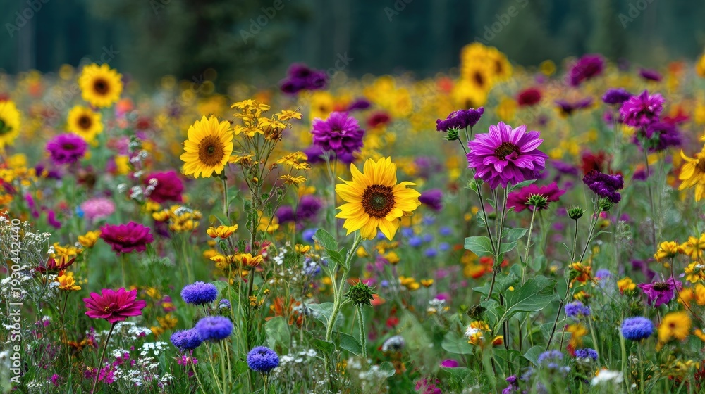 Obraz premium Vibrant Wildflower Field with Colorful Sunflowers, Zinnias, and Other Blossoms in a Scenic Nature Setting