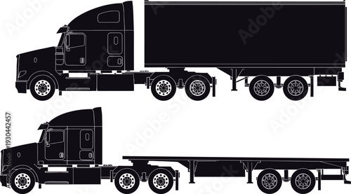 Semi truck and trailer silhouette set isolated on white background, cargo transport vehicle side view collection, logistics freight transportation and delivery industry vector illustration