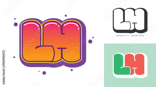 LH logo design for festival or party. Initial letter l and h in graffiti style. Creative modern lettering company name of font typography. Kids trendy logotype or identity.