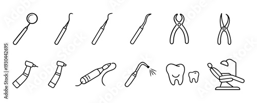 Dental Instruments and Equipment Icons – Professional Dentistry Tools Line Art Set