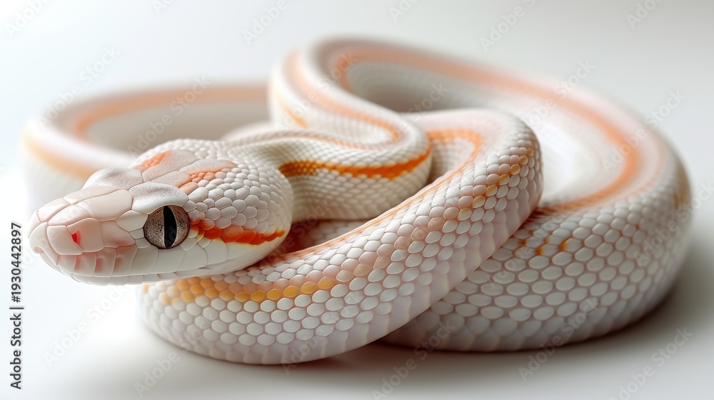 Fototapeta premium Coiled white snake with orange stripes on a plain white background.