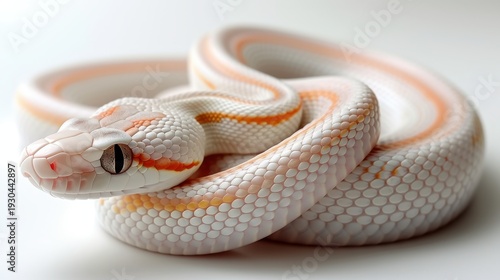 Coiled white snake with orange stripes on a plain white background.
