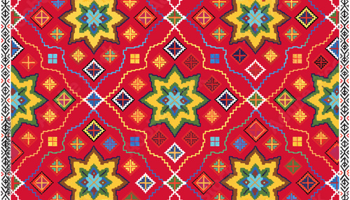 Traditional Lao Tribal Embroidery Pattern, Intricate Geometric Cross-Stitch on Magenta Textile