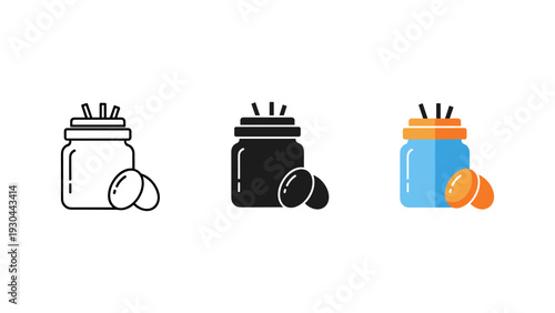 Three glass jars with lids and ingredients isolated on white background for kitchen cooking and storage