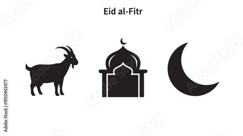 Eid al-Fitr symbols in minimalist black silhouette with crescent moon and mosque for islamic celebration