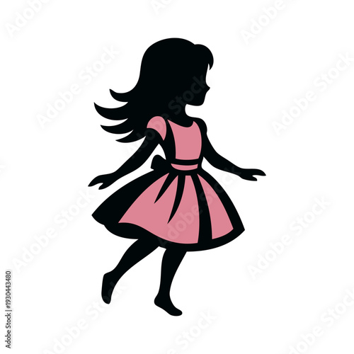 Logotipo de boutique de moda femenina. Dibujo sencillo con la silueta de una niña andando con un vestido de color rosa, vista de perfil 