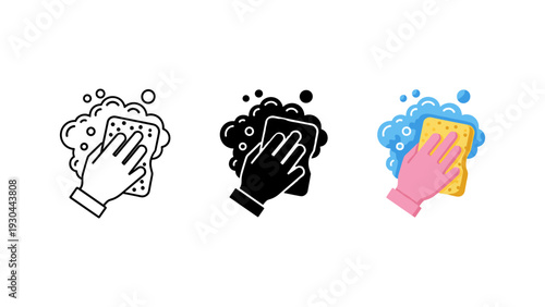Three cartoon hands washing cleaning hygiene soap bubbles germs protection health care vector illustration