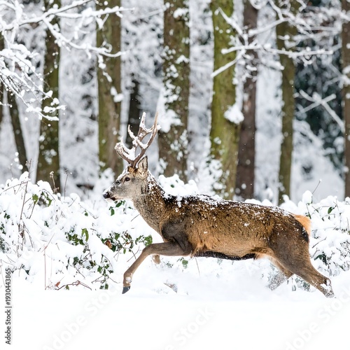 A stag running through a snowy forest