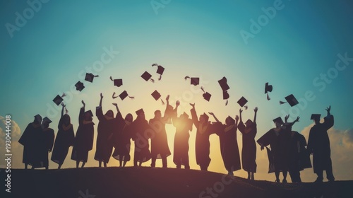 Group of graduates celebrating their achievement together at sunset.