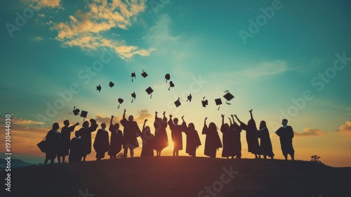 Group of graduates celebrating outdoors at sunset with caps in air.