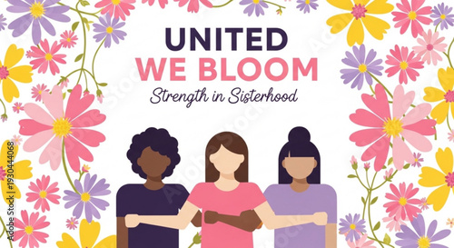 Diverse women united in sisterhood with colorful flowers